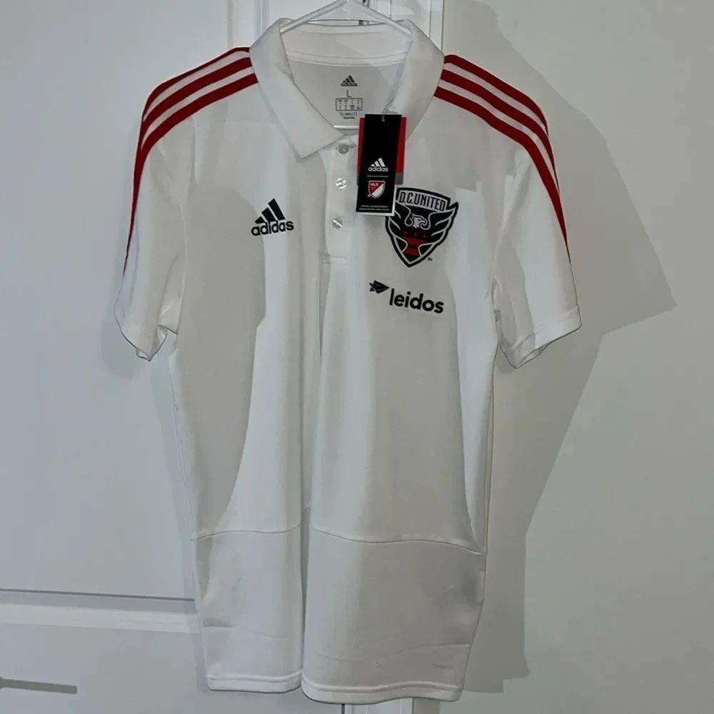 New MLS w/tags White mens DC United soccer Adidas Coaches Polo Golf Shirt Top L